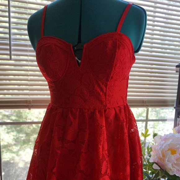 Material Girl Dresses & Skirts - Red Lace Low Cut Dress